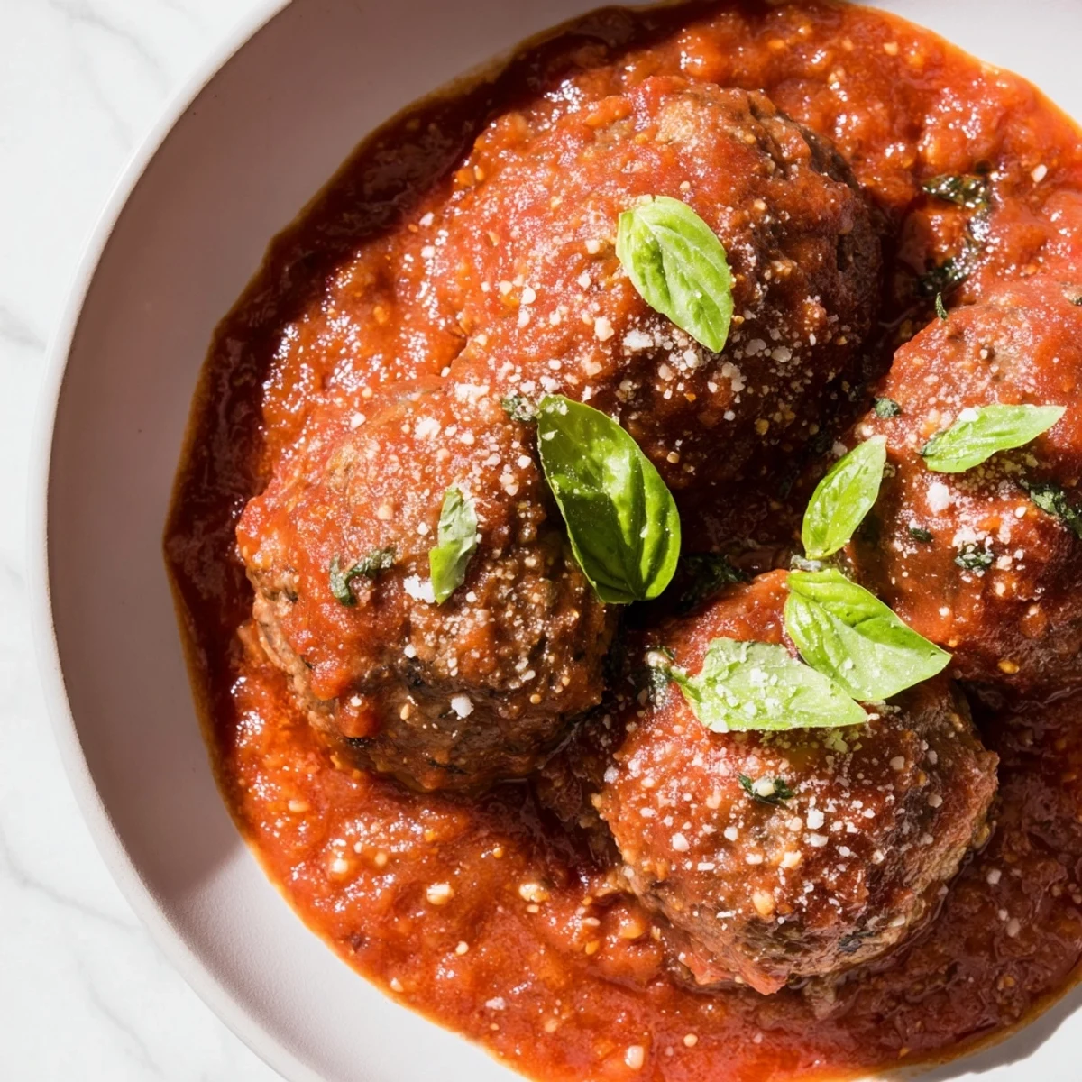 Golden-brown beef meatballs simmering in a thick, chunky marinara sauce, served over a bed of twirled spaghetti for a hearty Italian-American dinner.