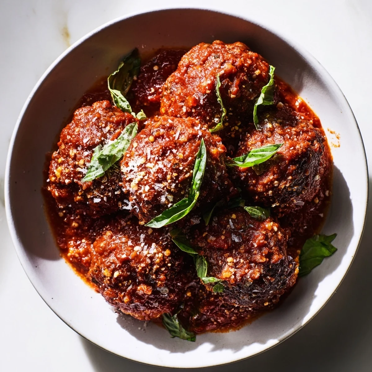 A rustic bowl of homemade Beef Meatballs in Marinara Sauce, with steam rising and extra Parmesan cheese melting on top for a comforting meal.