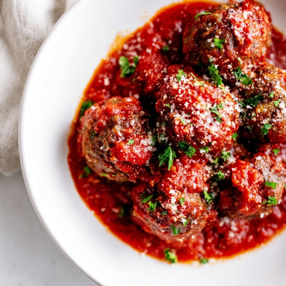 Golden-brown beef meatballs simmer in rich, chunky homemade marinara sauce, served over spaghetti with fresh basil garnish.
