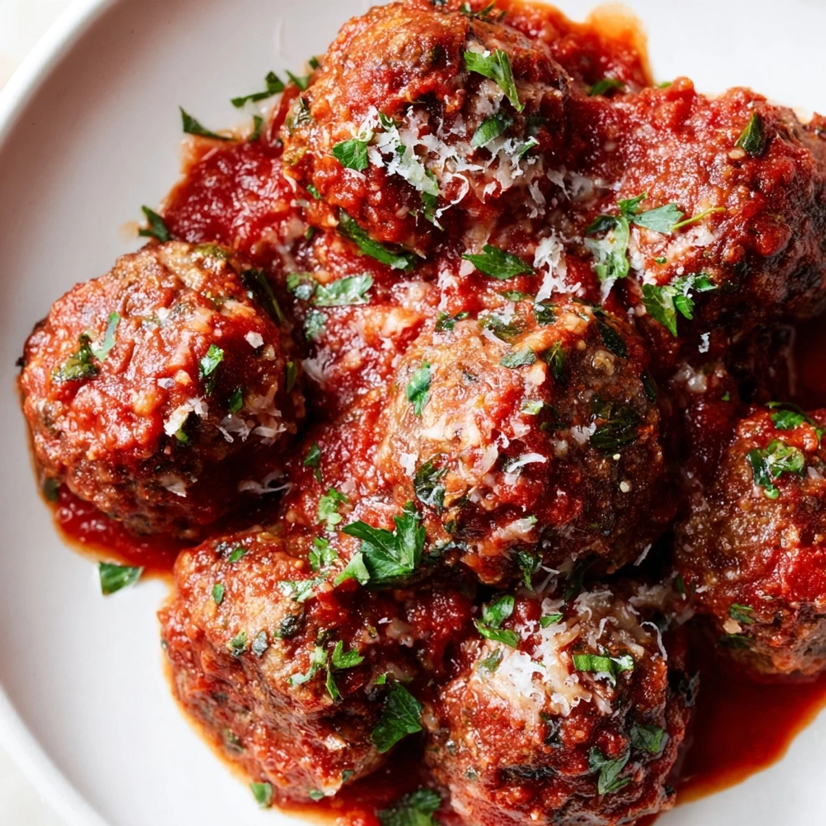 Beef meatballs in homemade marinara sauce baked and simmered, garnished with basil and paired with zucchini noodles.