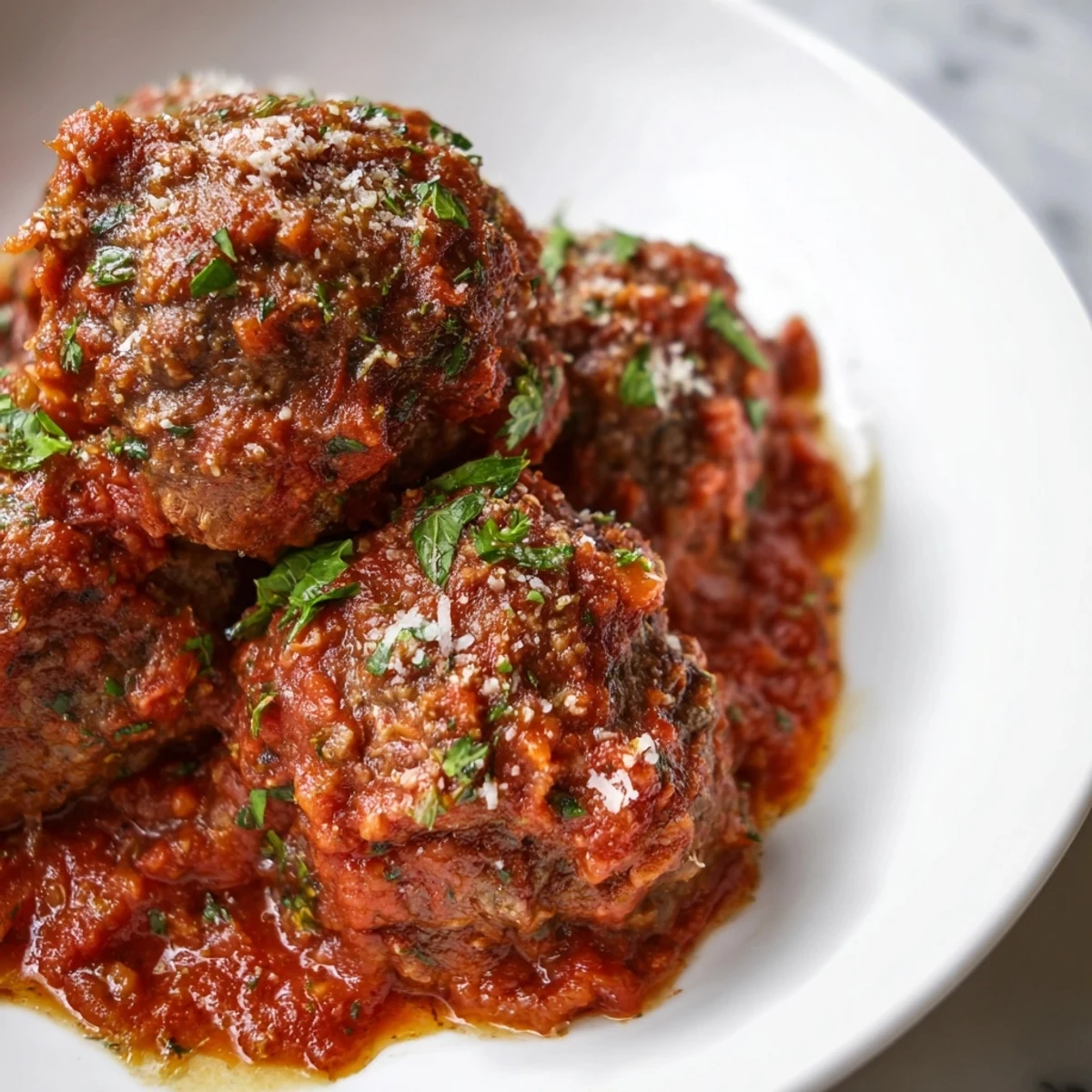 Hearty beef meatballs in homemade marinara simmering, ready to serve over pasta or with crusty bread.