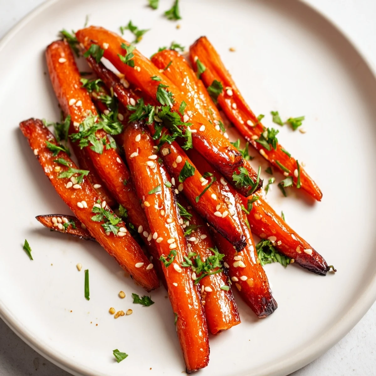 A close-up of roasted carrots with honey glaze shows caramelized edges and a glossy drizzle over warm veggies.