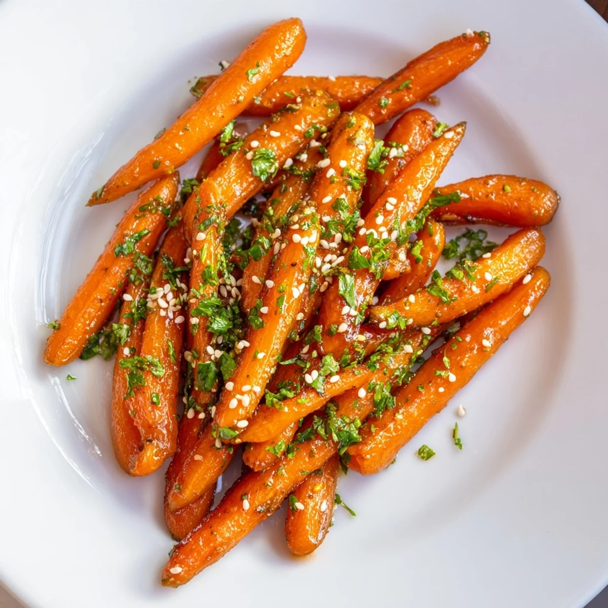 Tender roasted carrots with honey glaze glisten on a platter, garnished with fresh parsley and sesame seeds.