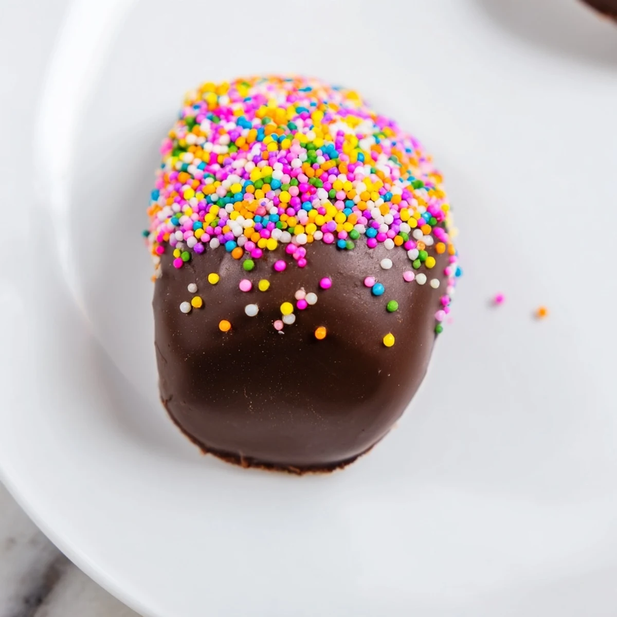 Dipped Chocolate Covered Marshmallow Peeps rest on parchment, their smooth dark chocolate shell glinting under bright kitchen light.