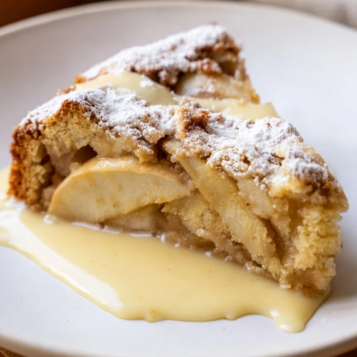 A slice of Irish Apple Cake with Warm Custard showcasing tender spiced apples in golden cake, drizzled with creamy sauce.