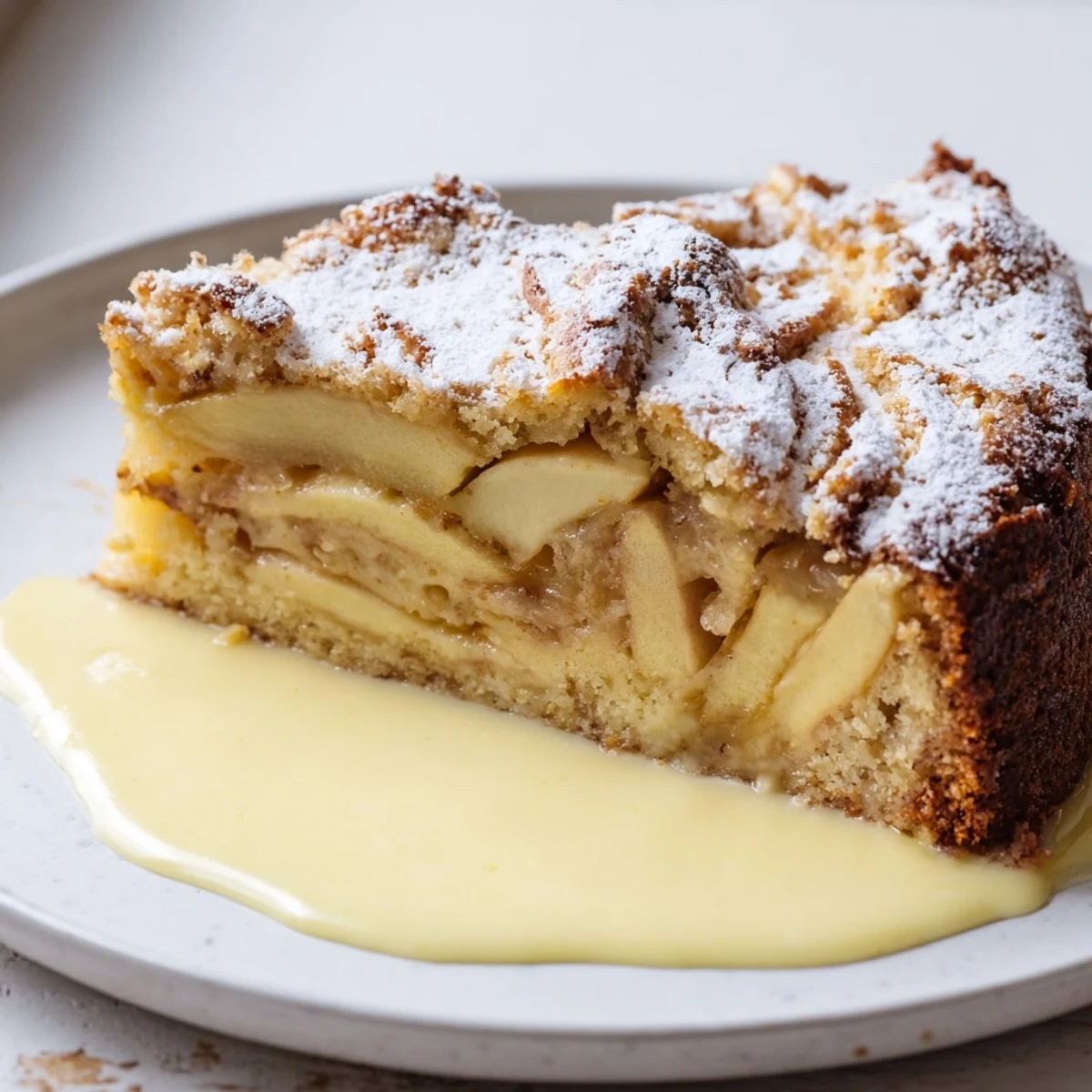 Warm Irish Apple Cake with rich custard sauce, served on a rustic plate with a side of softly whipped cream.