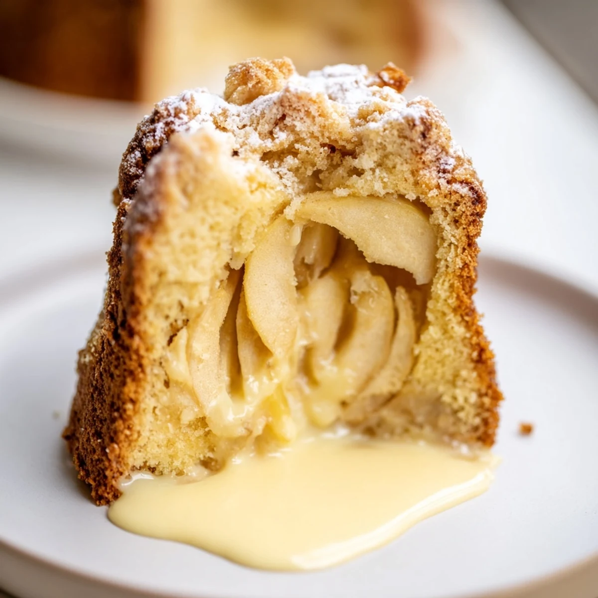 Golden-brown Irish Apple Cake with Warm Custard, featuring moist cake layers and vanilla-infused custard poured over tender apple slices.