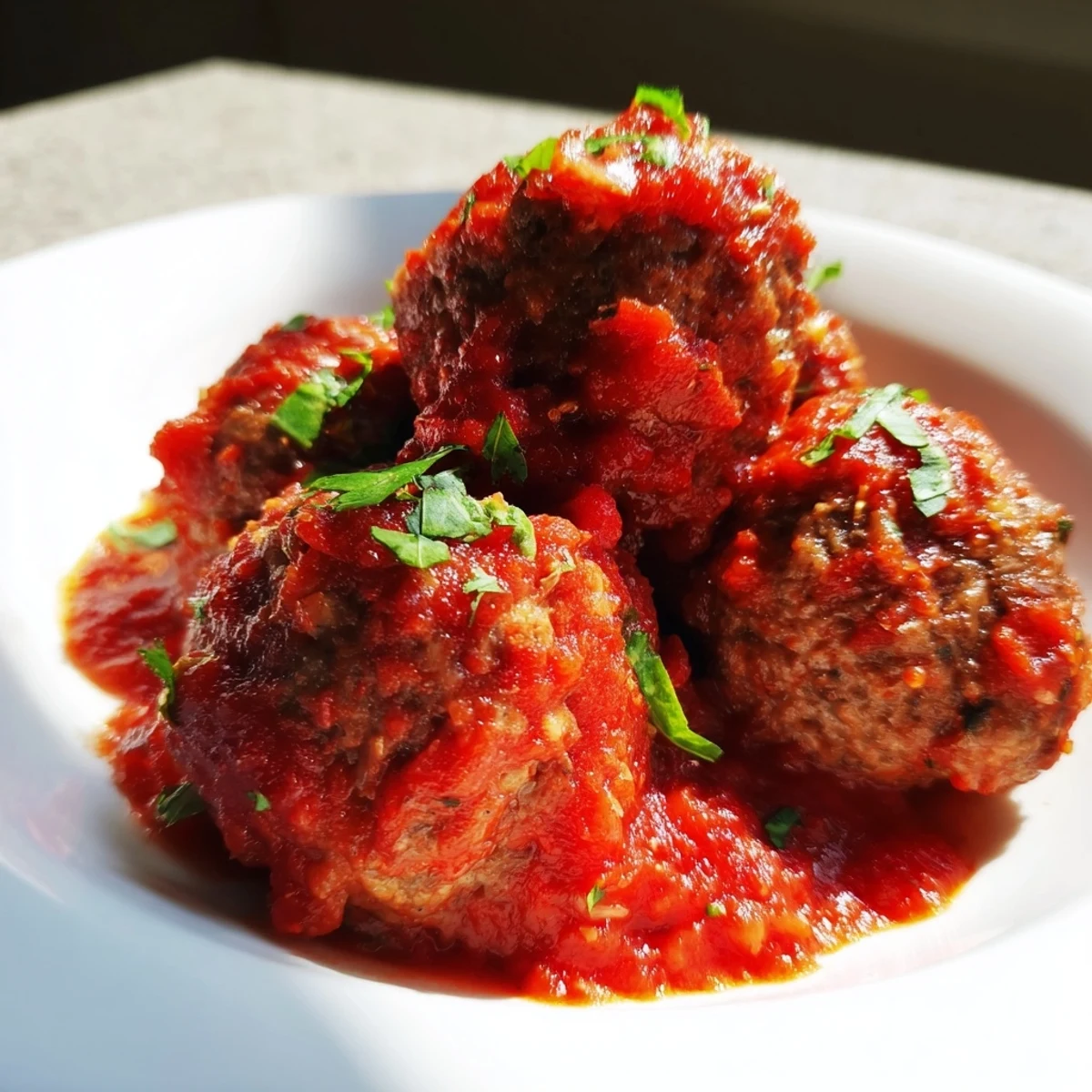 Golden brown beef meatballs simmering in a rich, aromatic homemade marinara sauce, served over twirled spaghetti.