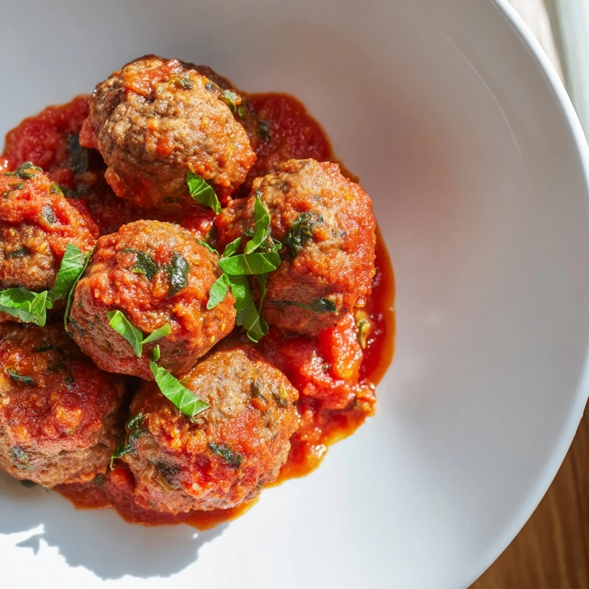 Freshly made beef meatballs in homemade marinara, garnished with parsley and ready to serve with crusty bread.