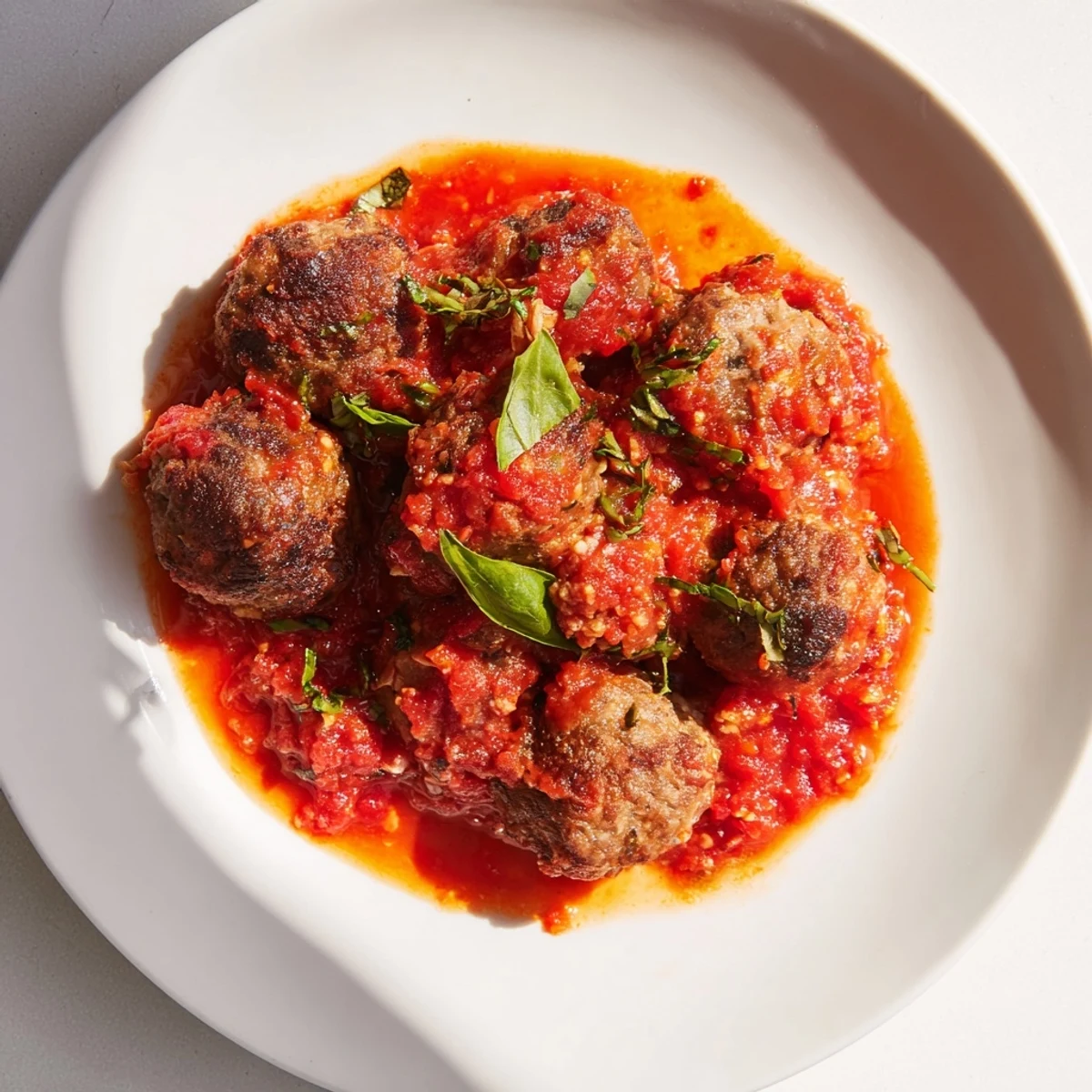 Close-up of tender beef meatballs coated in chunky homemade marinara, plated with grated Parmesan for a comforting Italian meal.