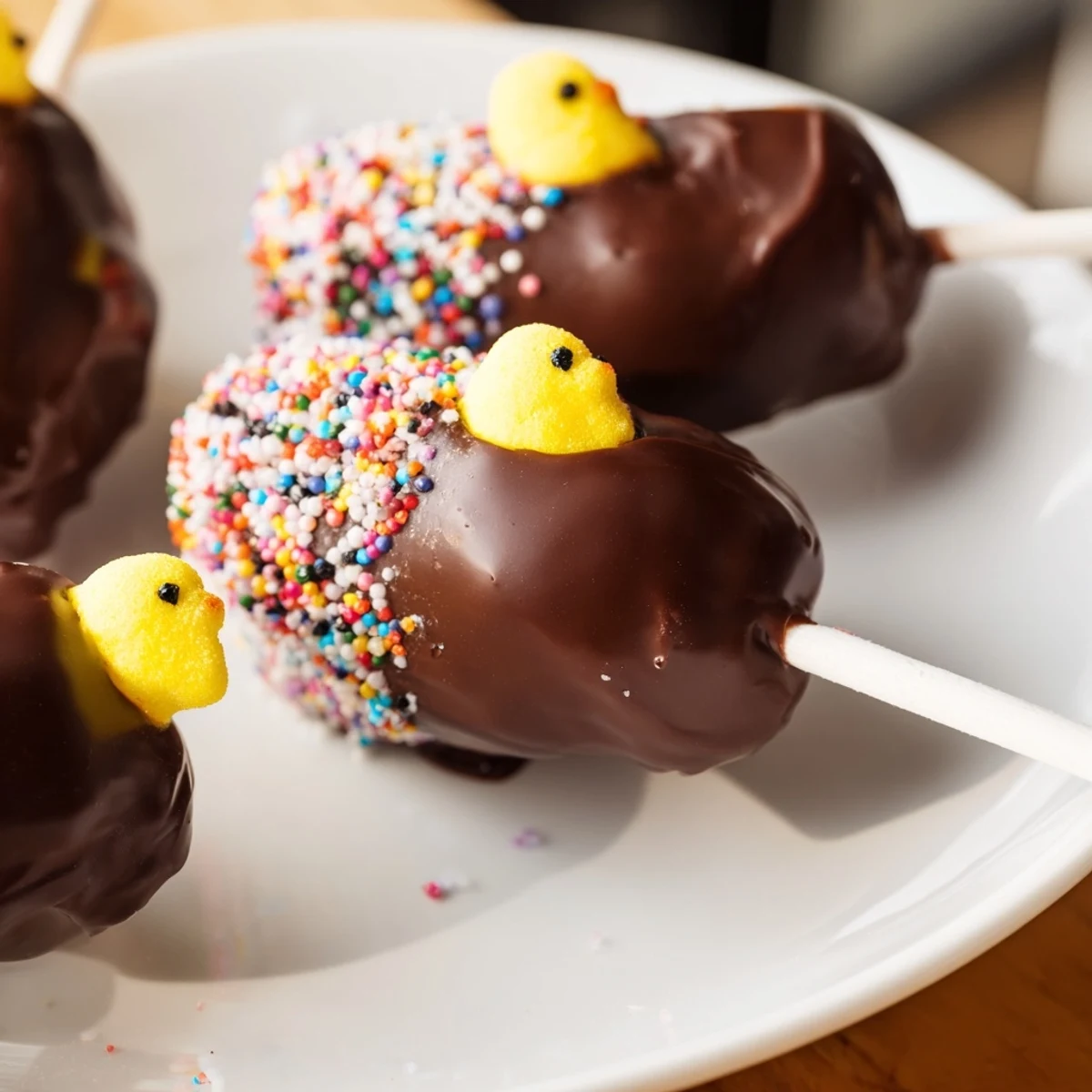 Colorful chocolate covered marshmallow Peeps arranged on a cooling rack with vibrant sprinkles, perfect for Easter dessert trays.