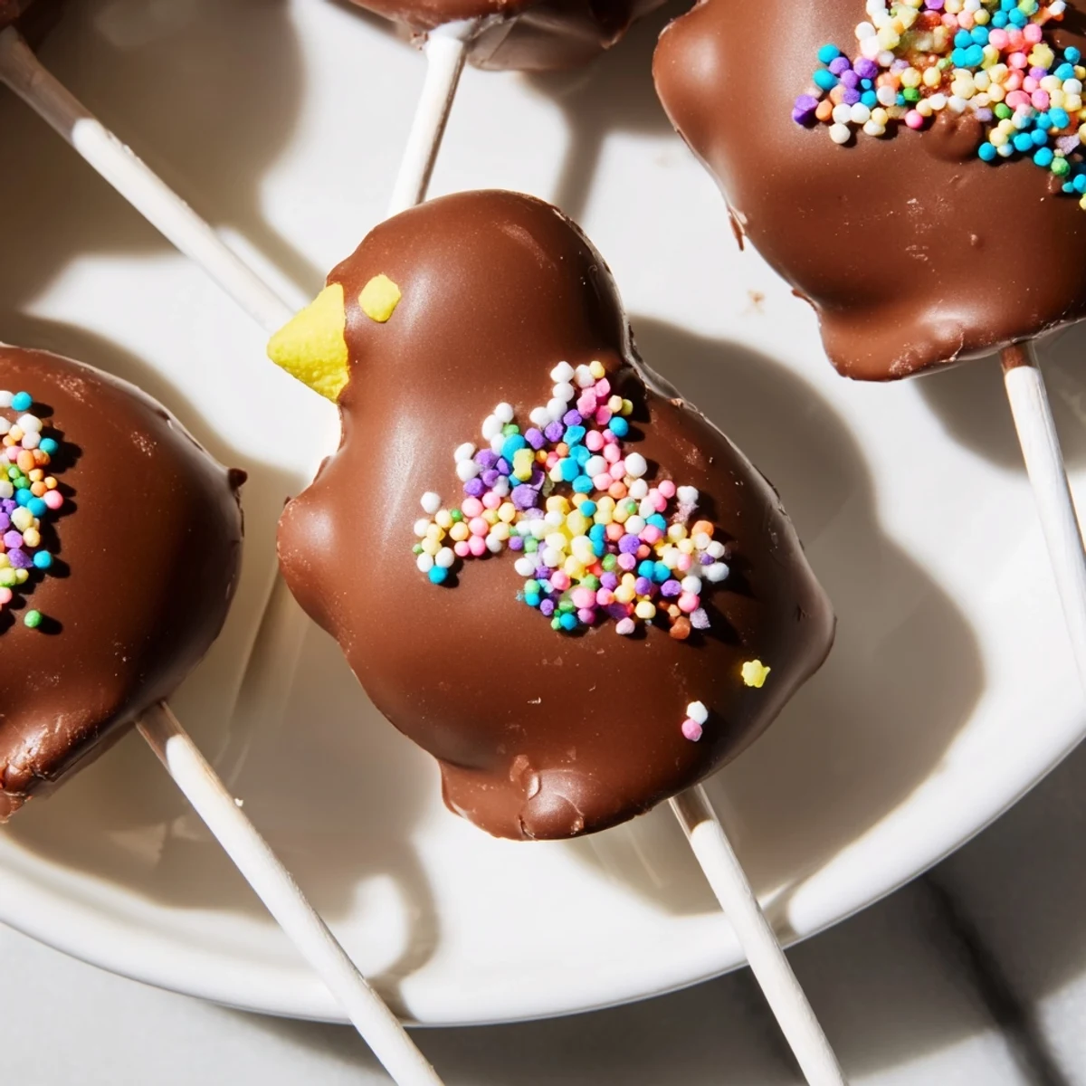 Chocolate covered marshmallow Peeps stacked on a white plate beside a cup of hot cocoa for a cozy holiday snack.