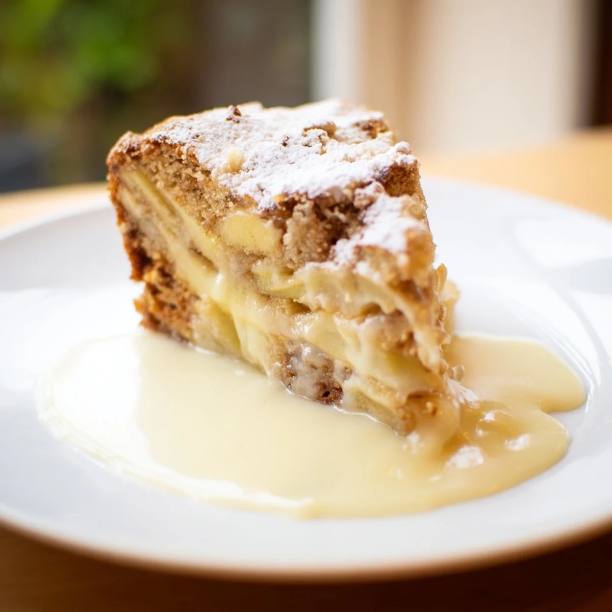 A slice of Irish Apple Cake with Warm Custard sits on a white plate, with thick custard drizzled over the tender spiced apple cake.