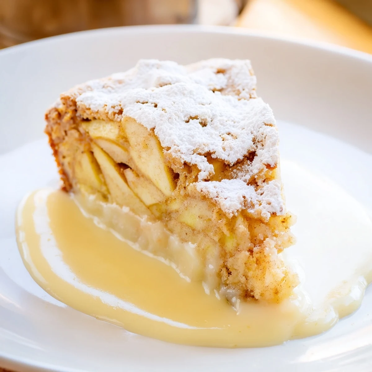 In the foreground, a warm slice of Irish Apple Cake with Warm Custard features golden-brown cake studded with soft apple pieces and creamy custard.