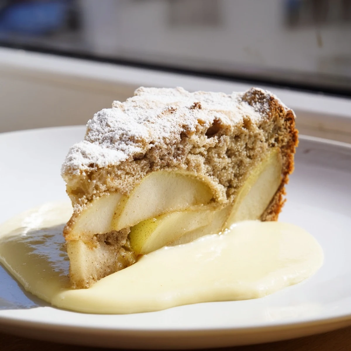 A rustic Irish Apple Cake with Warm Custard is served on a wooden table beside a steaming mug of tea for a cozy dessert.
