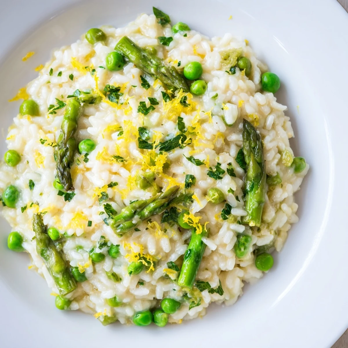 Creamy Spring Pea and Asparagus Risotto served warm, with tender green vegetables and melted Parmesan in a white bowl.