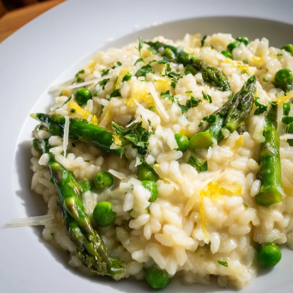 Overhead view of Spring Pea and Asparagus Risotto, highlighting vibrant peas and asparagus pieces on a rustic wooden table.