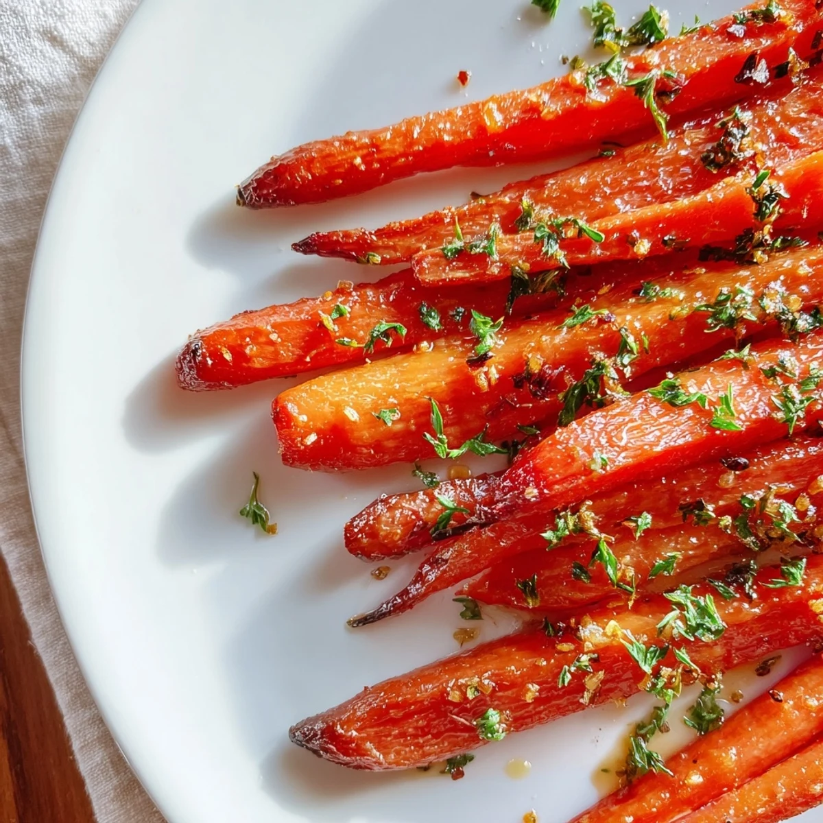 Roasted carrots with honey glaze appear caramelized and tender, served warm alongside roasted chicken for dinner.