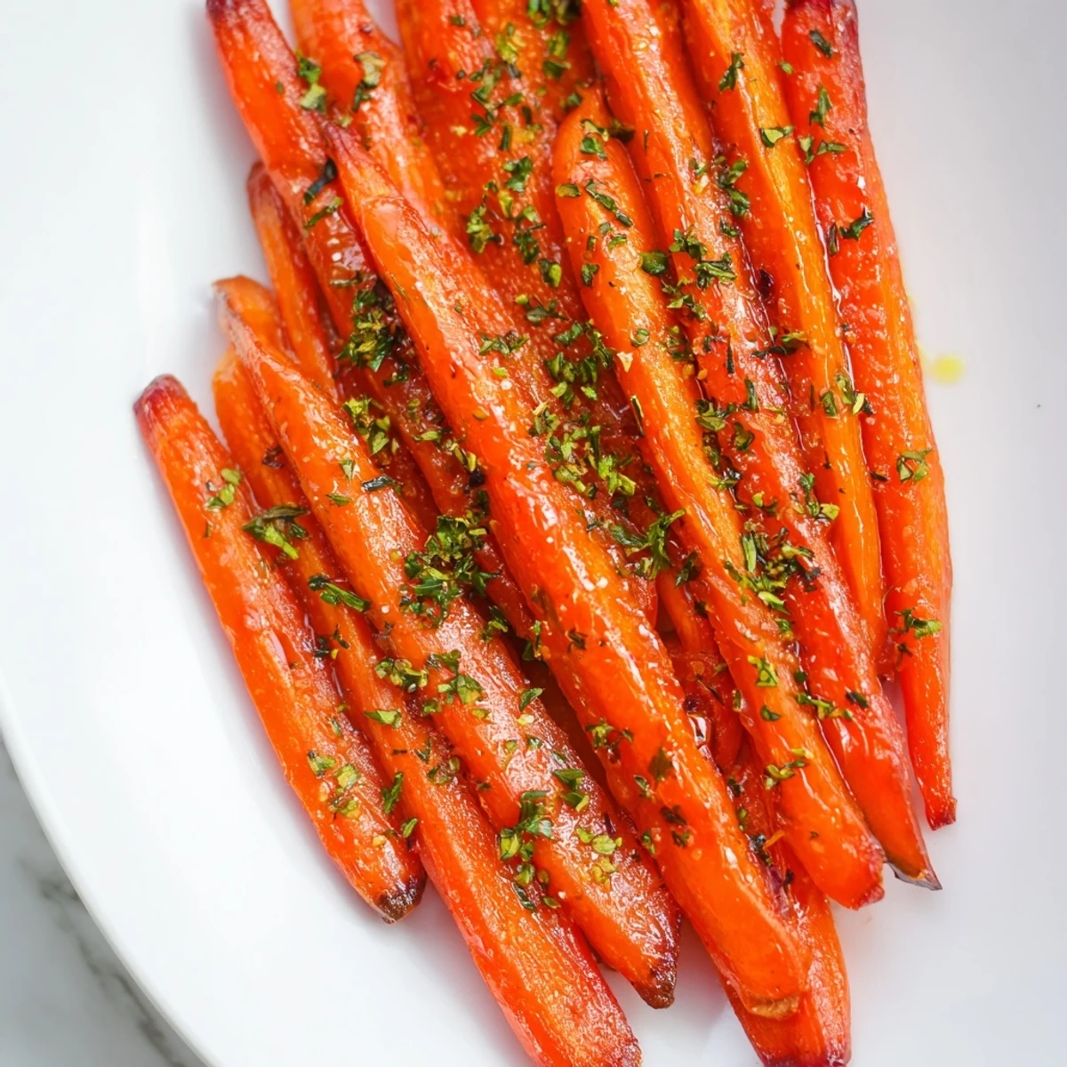 Roasted carrots with honey glaze glisten on a platter with fresh parsley garnish for a sweet side dish.