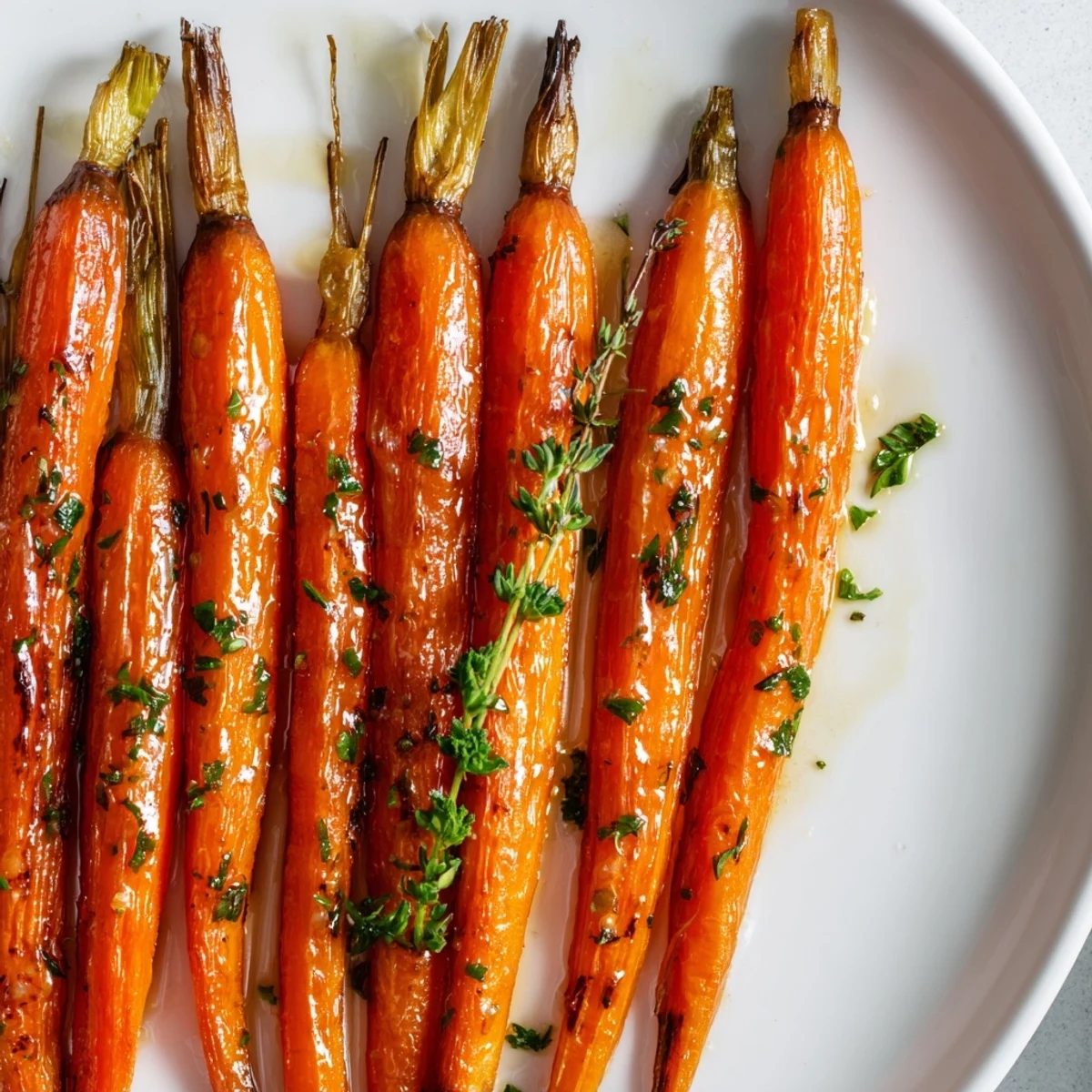 Roasted carrots with honey glaze rest on parchment, golden and glossy with a savory hint of thyme.
