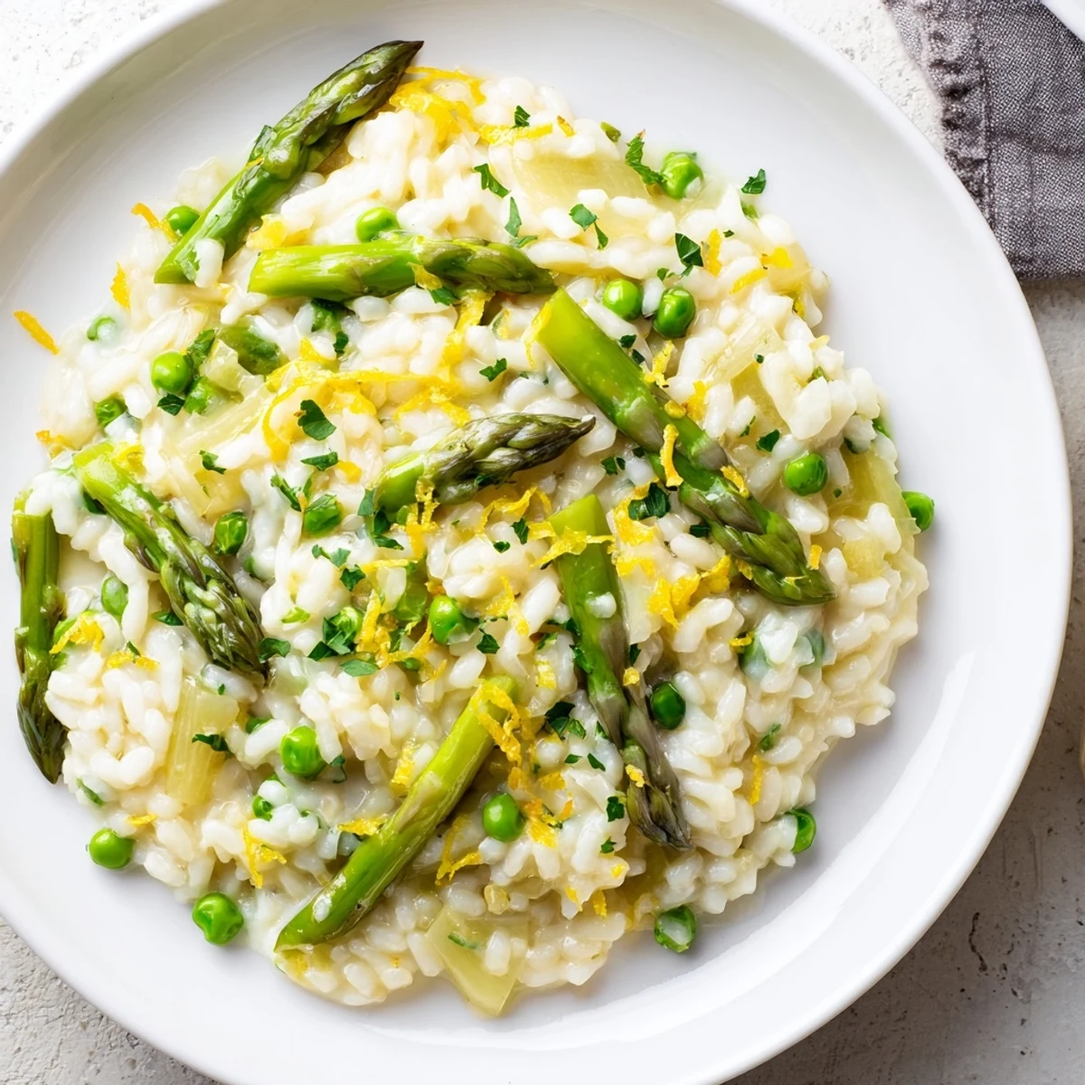 A close-up of Spring Pea and Asparagus Risotto in a white bowl, garnished with fresh parsley and lemon zest.