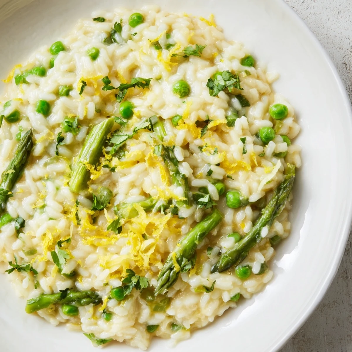 Vibrant Spring Pea and Asparagus Risotto features creamy Arborio rice, green peas, and tender asparagus spears.