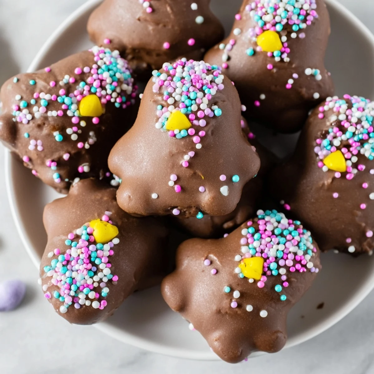 A close-up of Chocolate Covered Marshmallow Peeps arranged on a chilled baking sheet, glistening with semi-sweet chocolate and colorful sprinkles.  