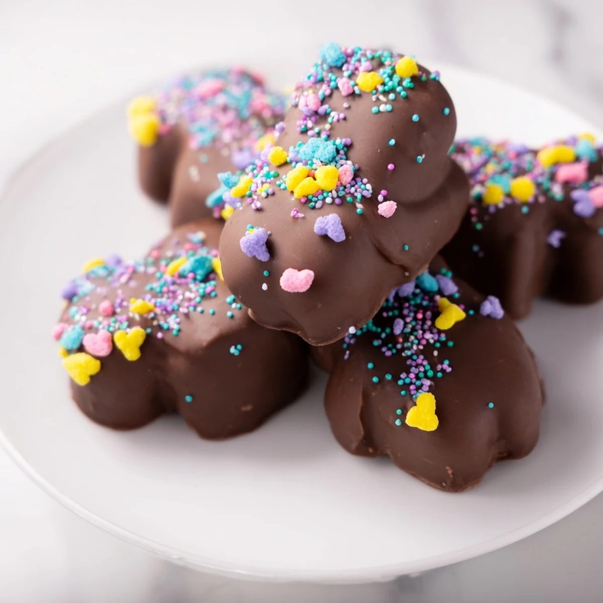 A festive platter of Chocolate Covered Marshmallow Peeps, partially dipped in chocolate and topped with crunchy nuts, ready for an Easter gathering.  