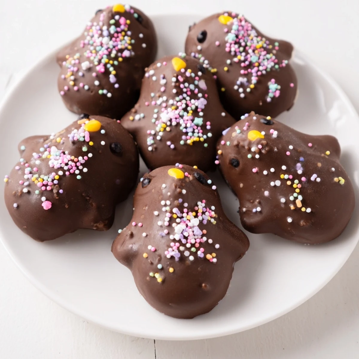 A hands-dipping view of Chocolate Covered Marshmallow Peeps into melted chocolate, with vibrant decorations scattered on a parchment-lined tray.