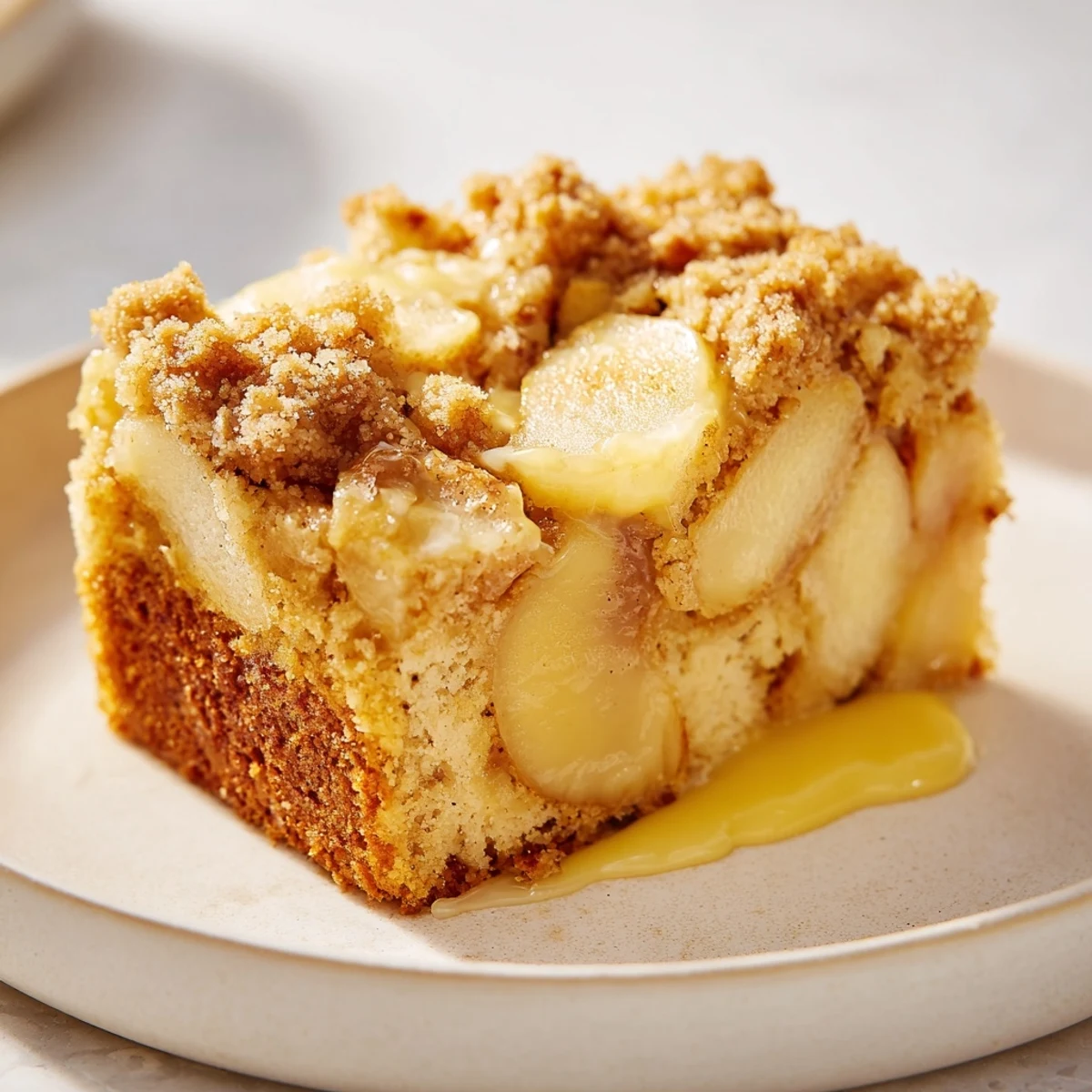 Side view of Irish Apple Cake with Custard showing a fluffy slice with creamy custard pooling on the plate, a perfect dessert.