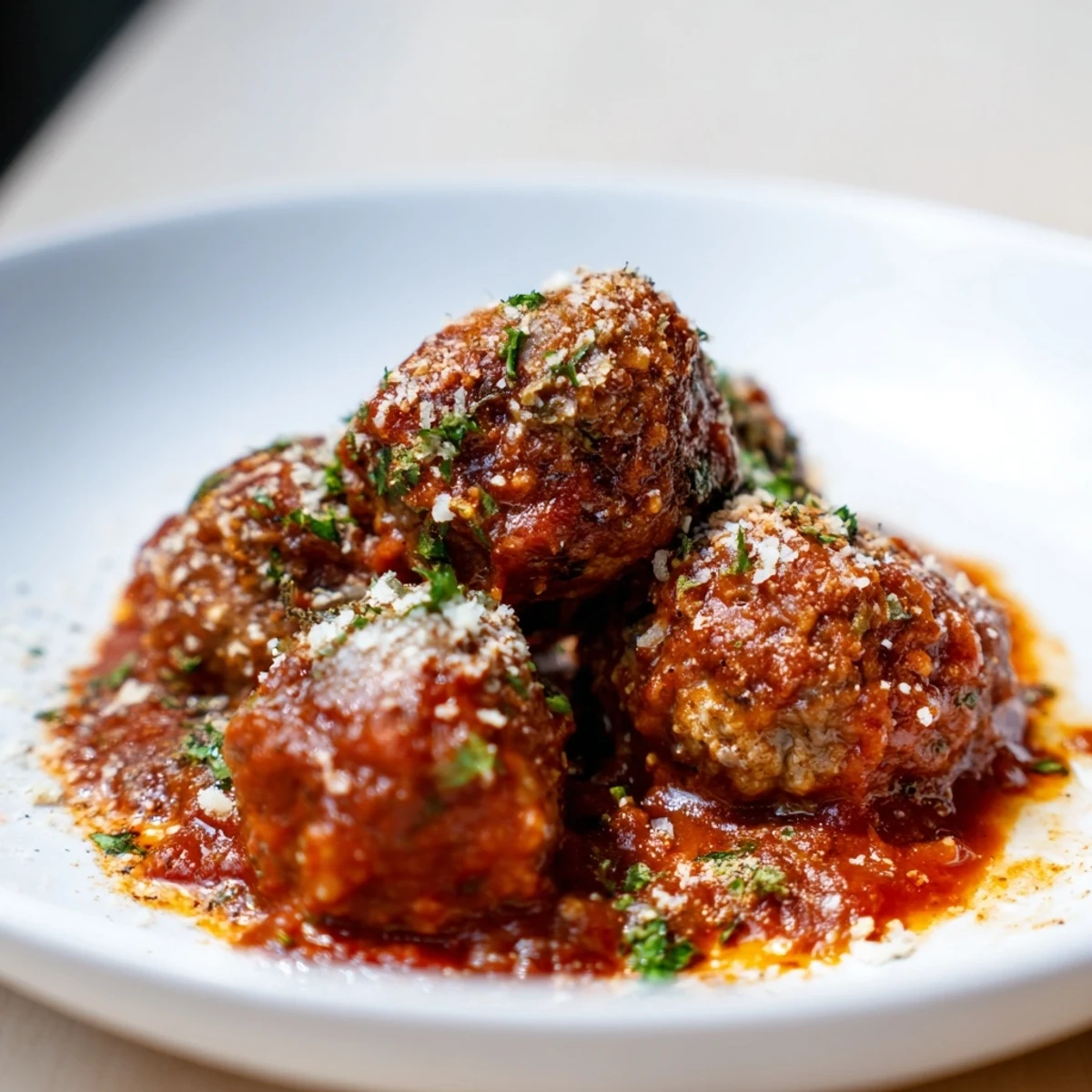 Juicy beef meatballs in marinara sauce rest on a bed of spaghetti with fresh basil garnish, ready for family dinner.