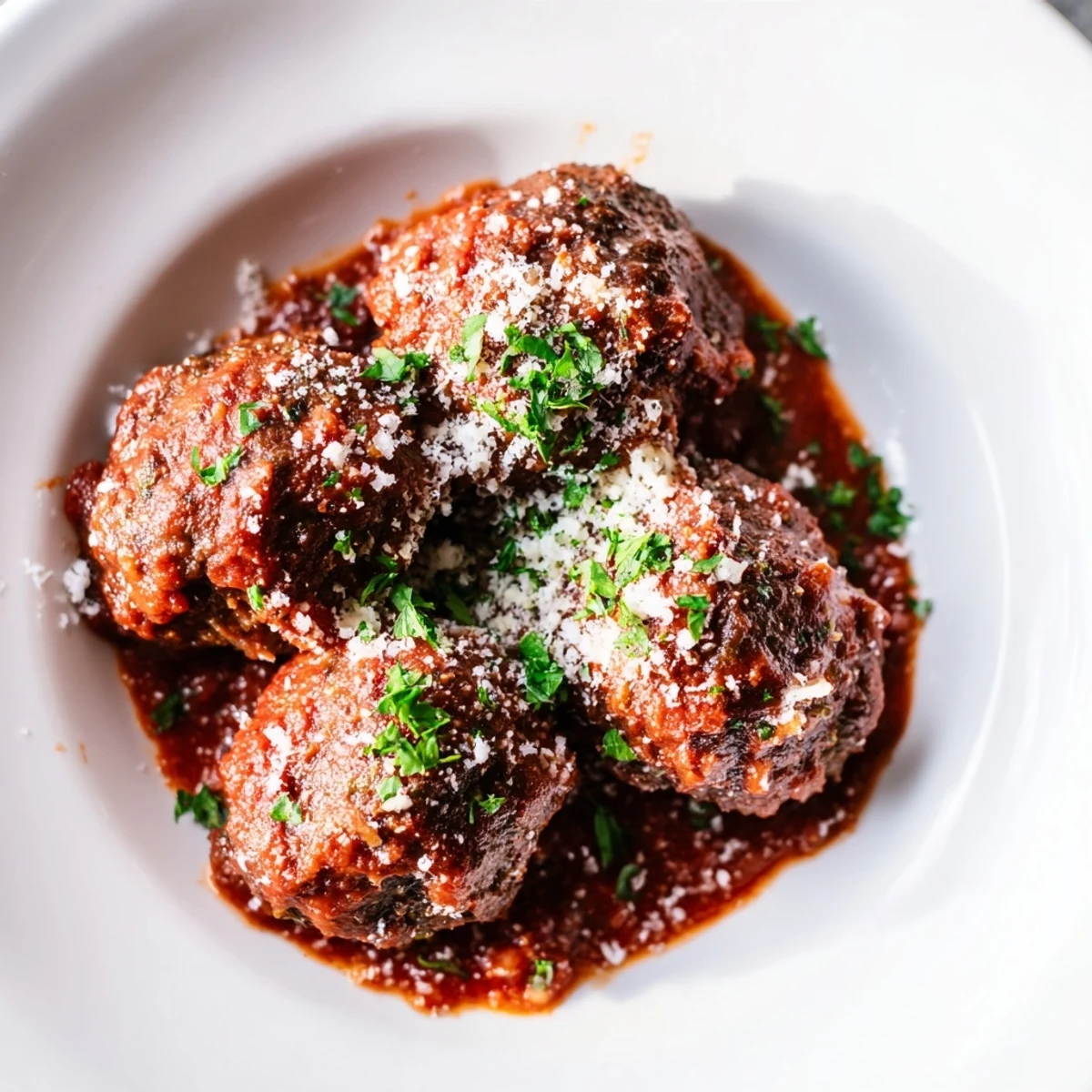 Tender beef meatballs simmer in rich marinara sauce inside a skillet, served with crusty bread and Parmesan cheese for dipping.
