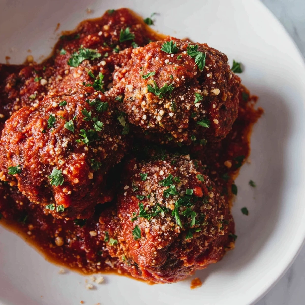 Beef meatballs in marinara sauce are plated over creamy polenta, garnished with fresh parsley and a drizzle of olive oil.
