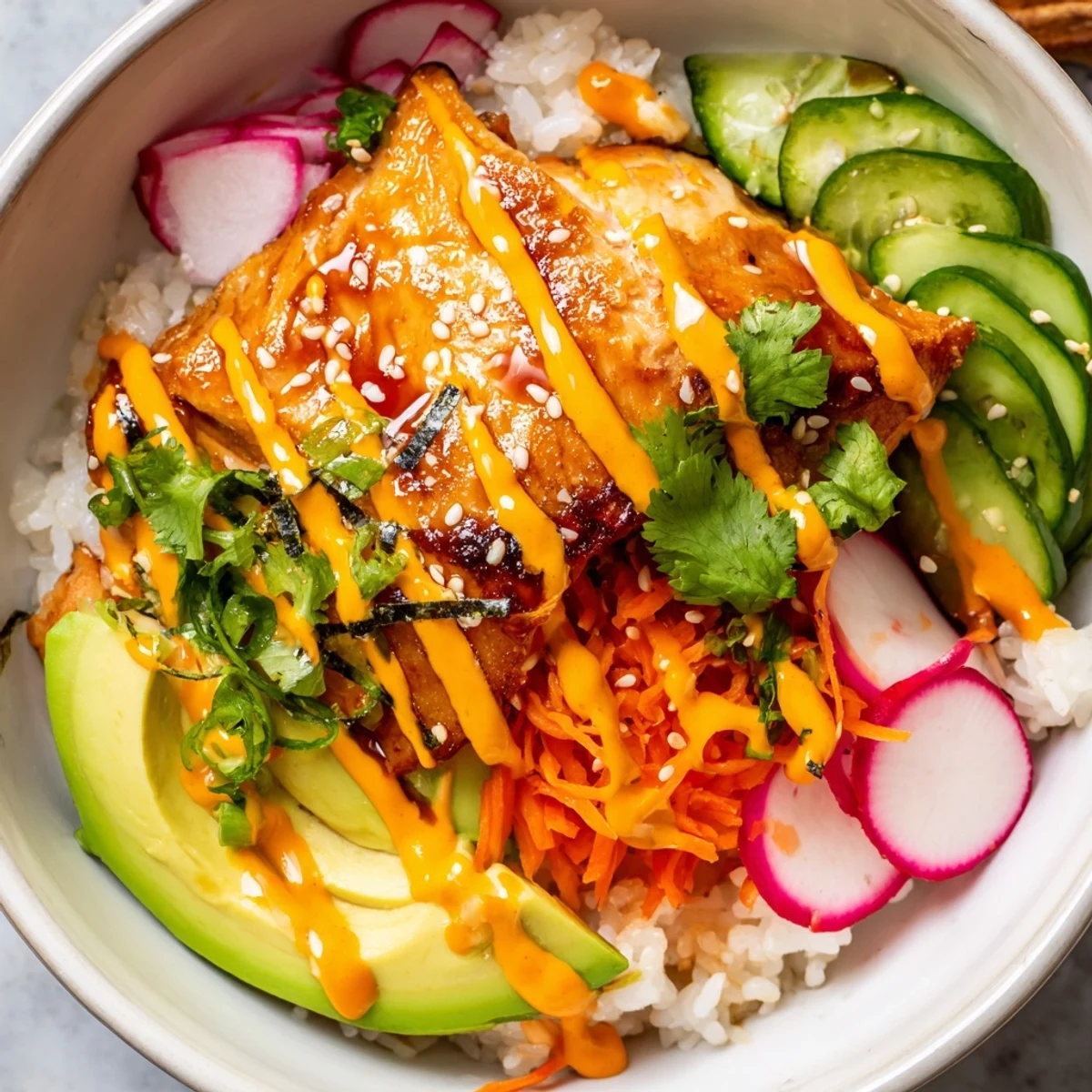 Saucy Teriyaki Salmon Rice Taco Bowls with Pickled Veggies topped with cilantro, scallions, and a drizzle of sriracha mayo.