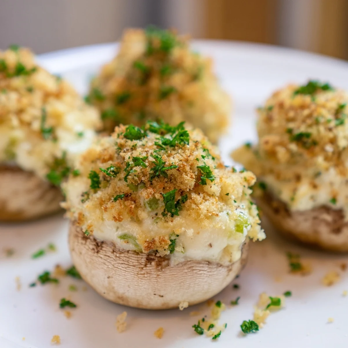 Golden-baked Mozzarella Popper Stuffed Mushrooms topped with crunchy breadcrumbs and fresh parsley, served warm on a tray.