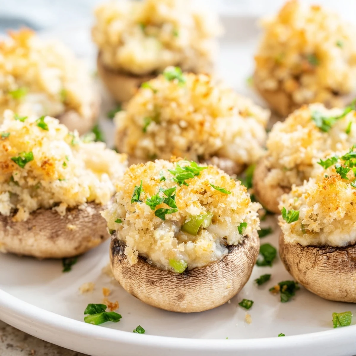 A close-up of Mozzarella Popper Stuffed Mushrooms oozing with creamy cheddar and mozzarella filling on a rustic wooden board.