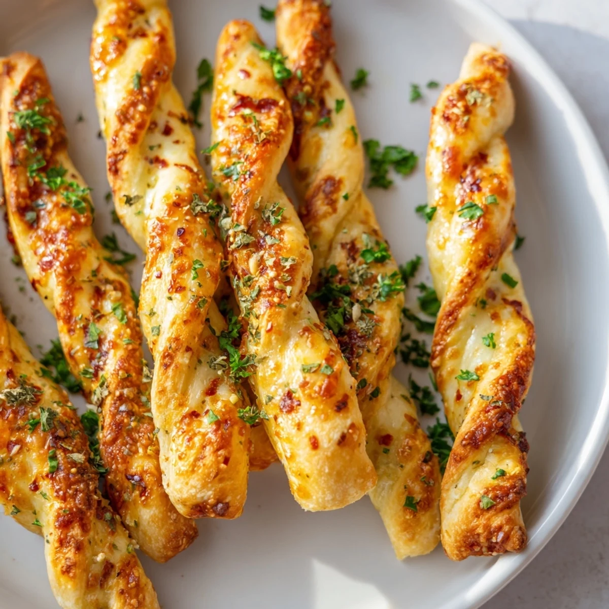 Crispy Air Fryer Pizza Cheese Bread Twists golden and twisted, sprinkled with herbs and ready to dip in marinara.