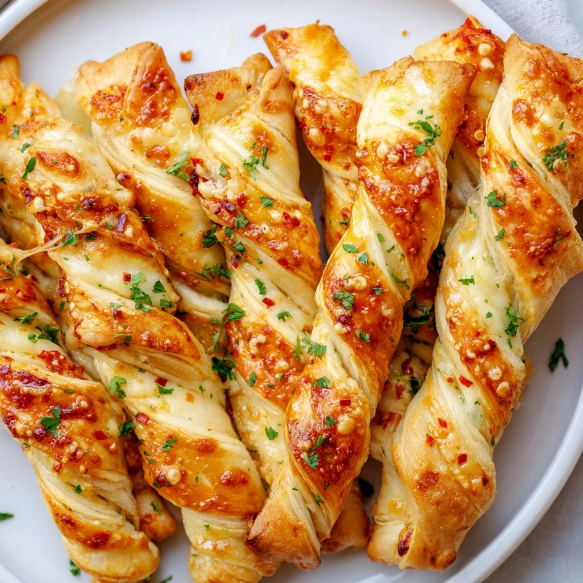 Delicious Crispy Air Fryer Pizza Cheese Bread Twists with melted mozzarella, brushed in garlic butter, perfect party appetizer snack.