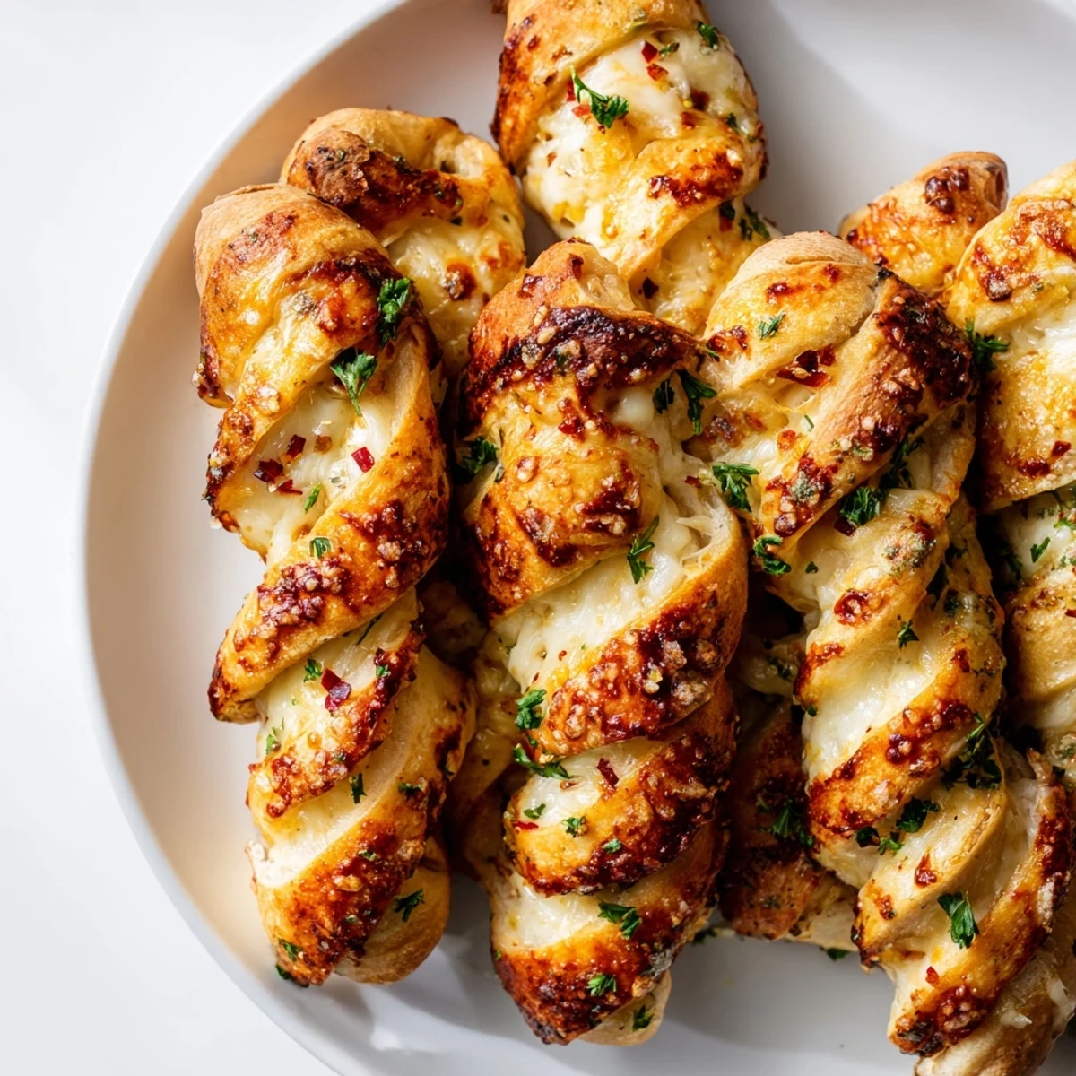 Golden Crispy Air Fryer Pizza Cheese Bread Twists on a plate, served warm with extra pizza sauce for dipping.