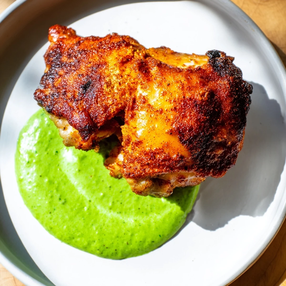 Golden-brown Peruvian Roast Chicken with Creamy Green Sauce glistening on a wooden board next to carved pieces.