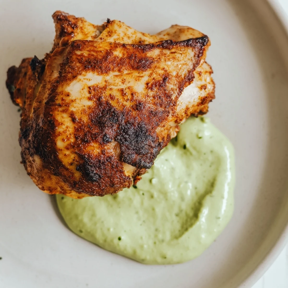 Juicy spiced Peruvian Roast Chicken with Creamy Green Sauce served alongside roasted potatoes and fresh lime wedges.