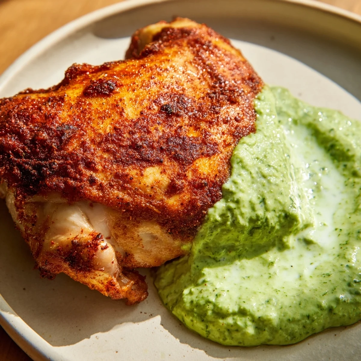 Overhead view of succulent Peruvian Roast Chicken with Creamy Green Sauce, topped with vibrant green drizzle and cilantro.