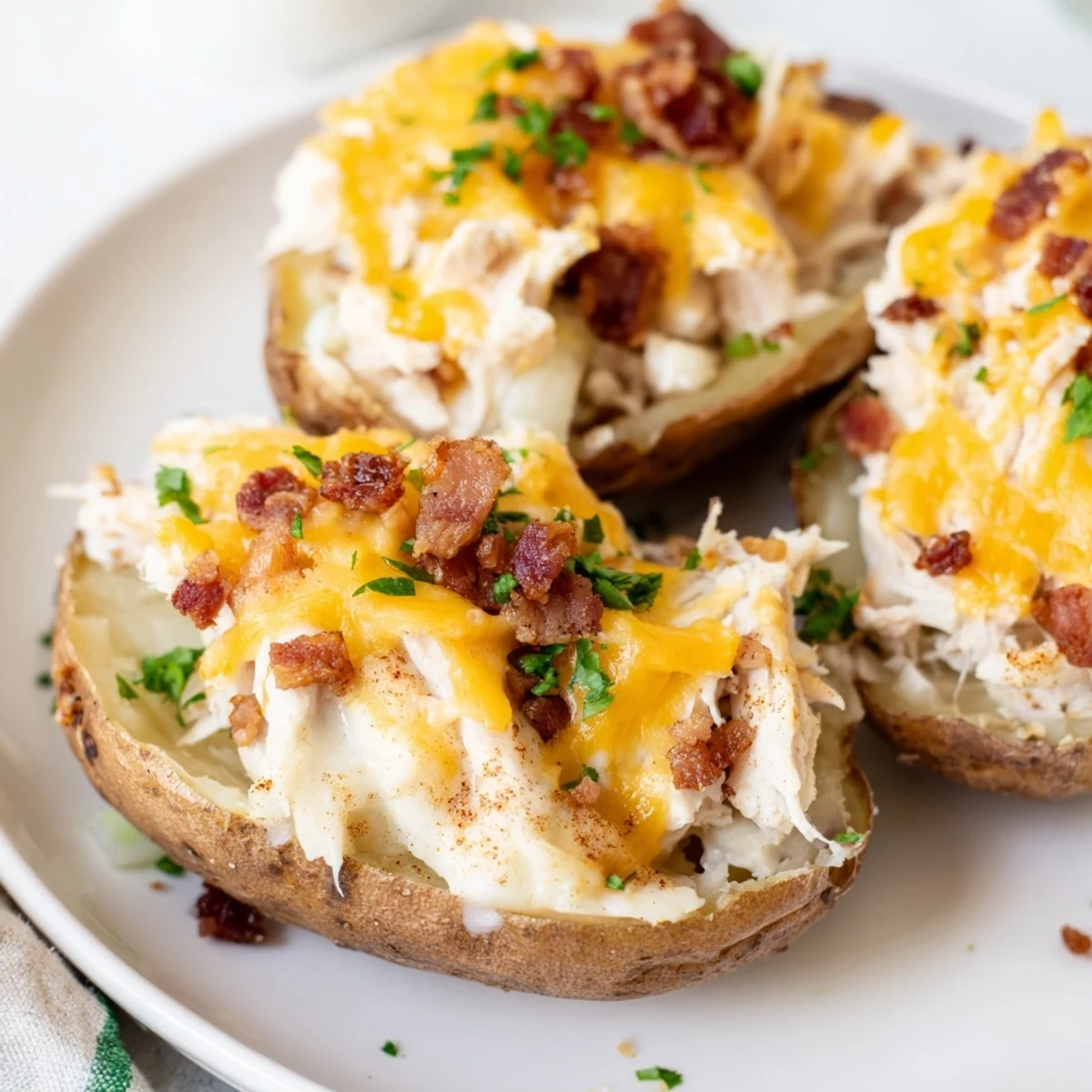 Golden-brown, crispy baked russet potato halves stuffed with creamy, savory filling of shredded chicken and melted cheddar cheese.