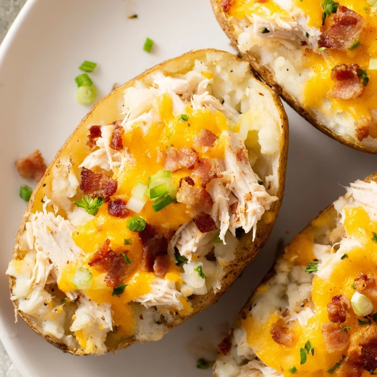 Close-up of mud chicken stuffed twice baked potatoes featuring melted cheese, crumbled bacon, and green onions on a rustic plate.