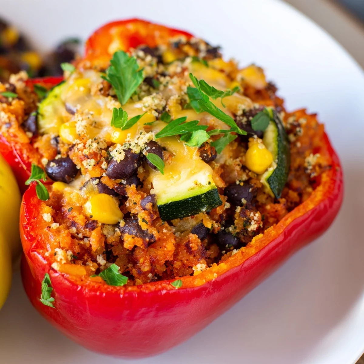 Roasted colorful bell peppers filled with a hearty Cajun Potato Stuffed Bell Peppers mixture, featuring tender potatoes and black beans.