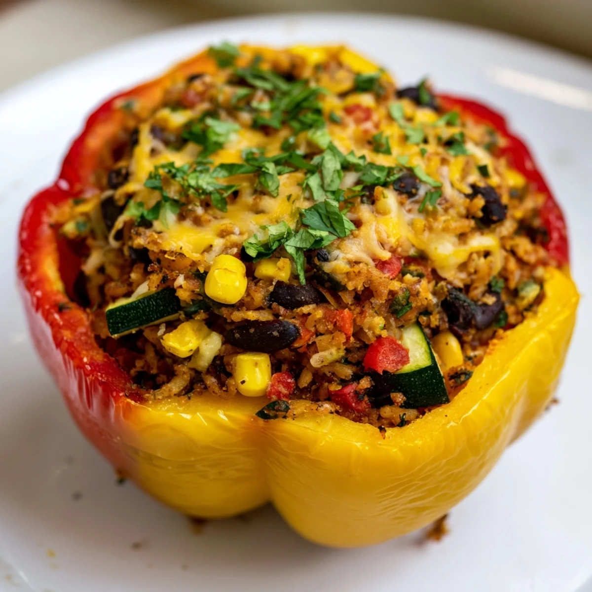 Golden-brown stuffed peppers bake to perfection, showcasing the Cajun Potato Stuffed Bell Peppers with melty cheese and vibrant corn kernels.