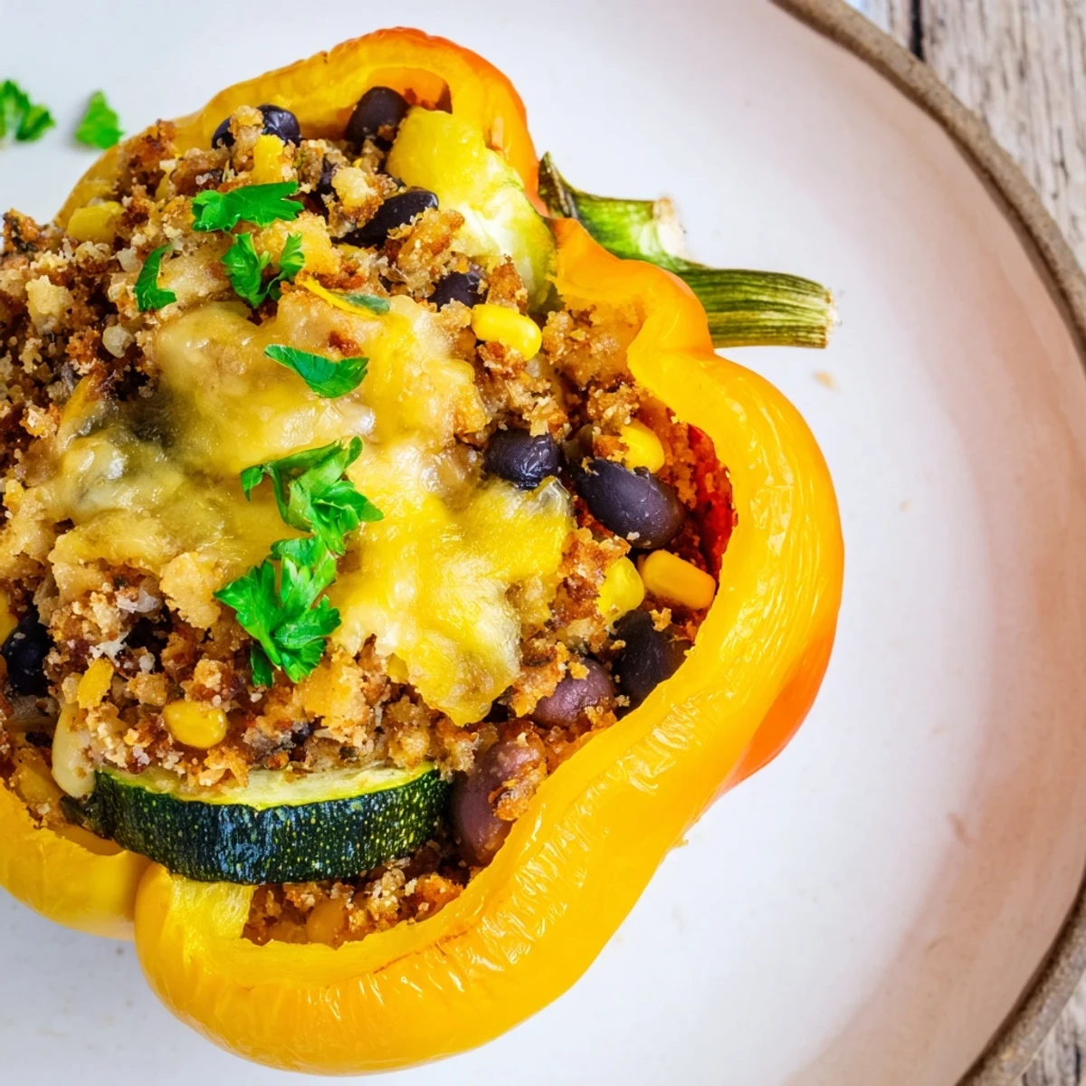 A close-up view of a split bell pepper revealing the chunky, spicy Cajun Potato Stuffed Bell Peppers filling ready to serve.