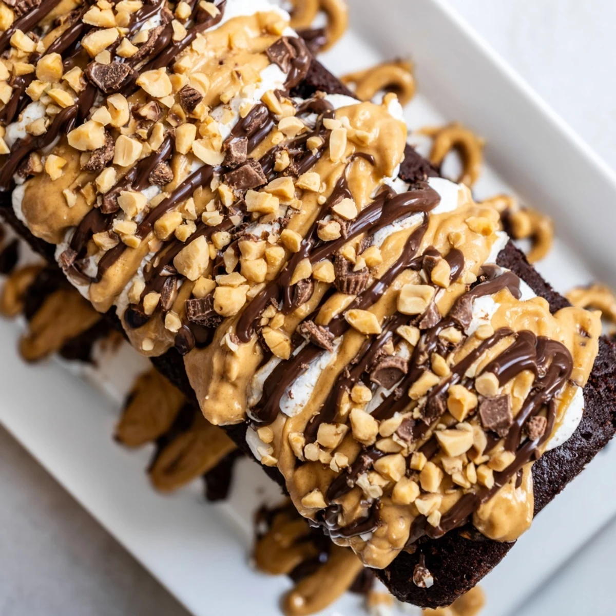 Warm Chocolate Peanut Butter Poke Cake shows moist layers, creamy filling, and glossy drizzle on a white plate with a serving slice.