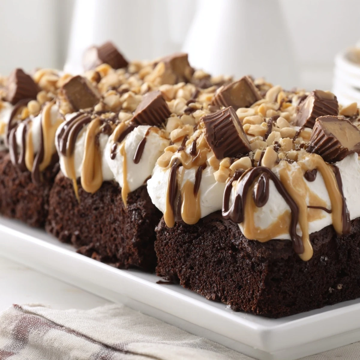 Decadent Chocolate Peanut Butter Poke Cake in a 9x13 pan with chocolate peanut butter drizzle, ready for a party or potluck.