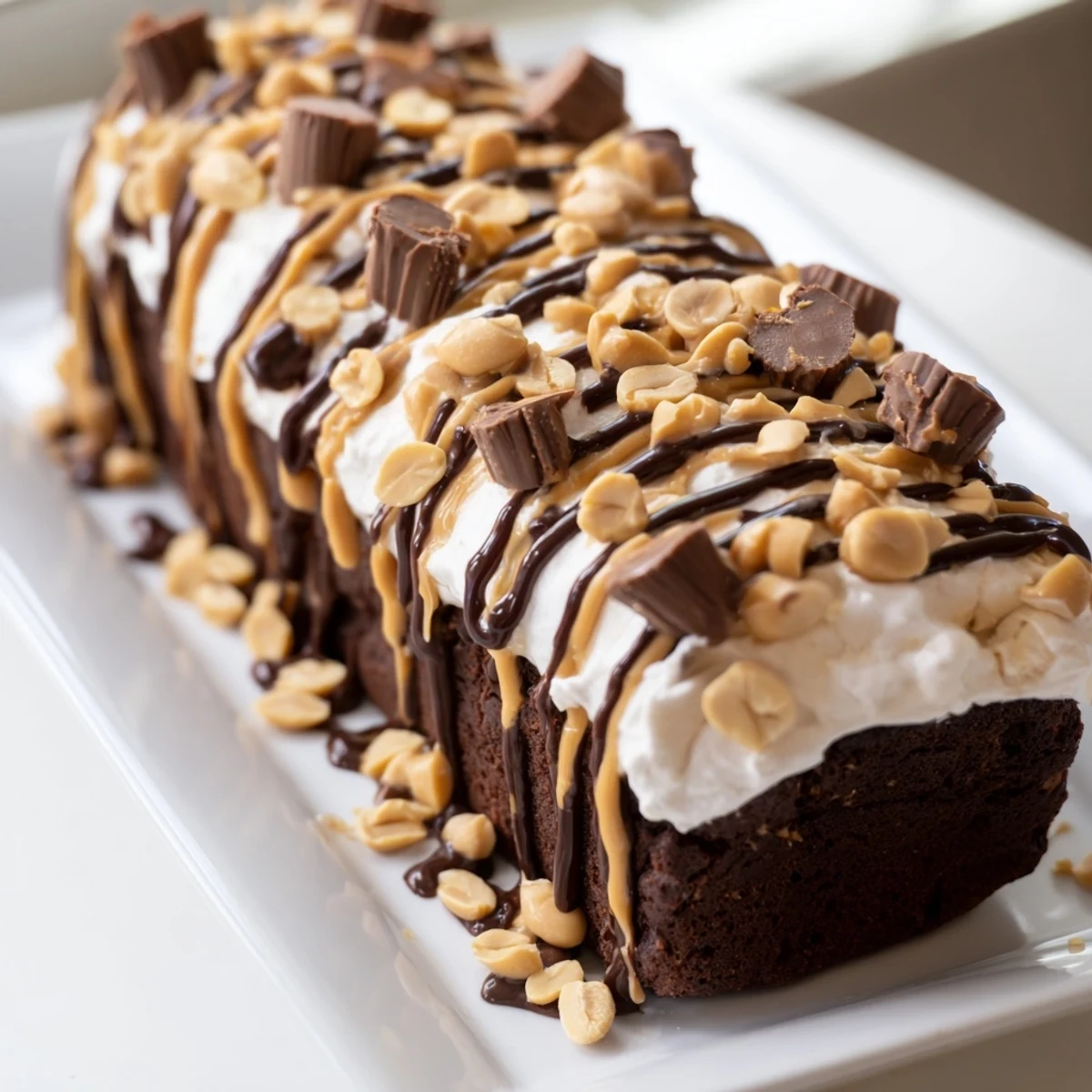 Festive Chocolate Peanut Butter Poke Cake topped with whipped cream, chopped peanuts, and mini peanut butter cups for a crowd-pleasing dessert.